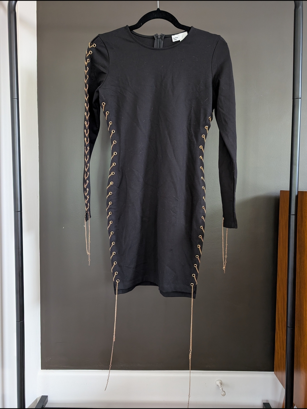 REVOLVE Black Mini Dress with Gold Lace-Up Chains